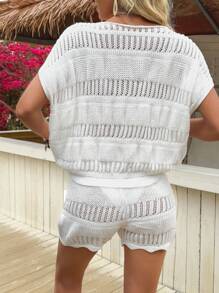 INAWLY 2pcs/Set Women Spring/Summer Lightweight Knitwear Pullover Top & Shorts Casual Set - White - View 2
