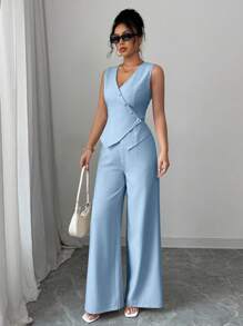 Selianne 2pcs/Set Women Elegant Solid Color Camisole & Pants Set - Baby Blue - View 3