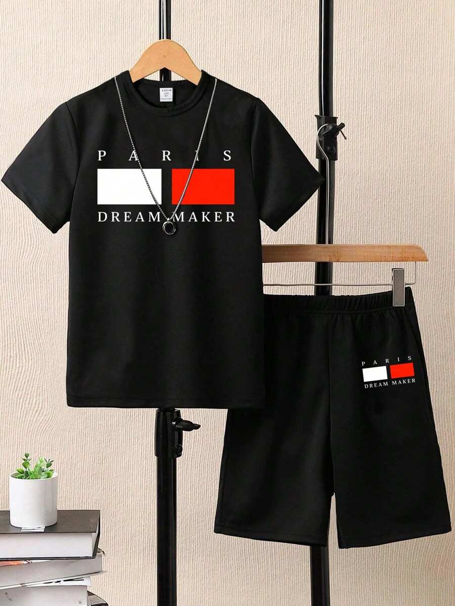 SHEIN 2 件套男童基本款短袖 T 恤和黑色中长短裤套装 - 多色 - 黑色 - 查看 1