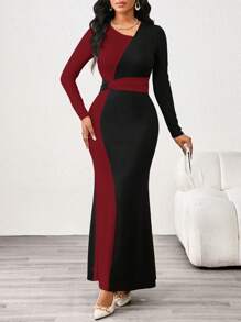 SHEIN Lady 秋冬优雅工装黑白针织圆领鱼尾长袖连衣裙 - 紅色 - 查看 3