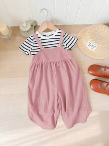 Baby Girl Striped Short Sleeve Top And Overall Jumpsuit, Spring/Summer Outfit