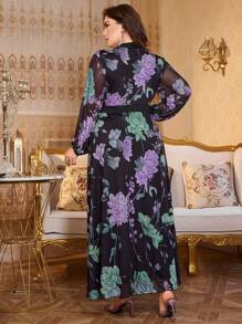 Modelyn Đầm nữ cỡ lớn cổ chữ V tay bồng lưới co giãn in họa tiết thắt eo thanh lịch lãng mạn - Nhiều màu - Xem 2