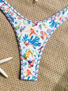 Swim Mod 2pcs Beach Summer Outfit For Women, Random Print & Ribbed Texture Fabric Tank Top And High Cut Bohemian Bikini Bottoms - Multicolor - View 5