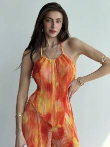 Aloruh 女士两件套：扎染褶皱露背长上衣和开衩高腰长裤，夏季度假装 - 彩色 - 查看 3