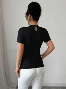 Elenzga Women's Summer Elastic Fitted Crewneck Short Sleeve T-Shirt With Sequins, Mesh Splicing, And Hollow Design, Sexy And Fashionable Casual - Black - View 2