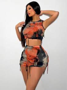 Sirith Tie Dye Fringe Design Slim Fit Vest And Skirt Set For New Year Clothes - Multicolor - View 3