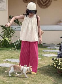 Dazy Kids 2pcs Tween Girl Tween Girl Crew Neck Sleeveless Tank Top + Striped Woven Pants Summer Set Vacation - Apricot - View 4