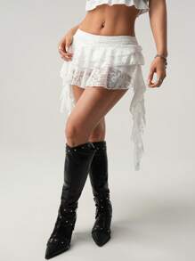 SHEIN ICON Low Waist Vacation Style Casual Sexy White Lace Ruffle Hem Mini Skirt With Safety Shorts To Prevent Exposure