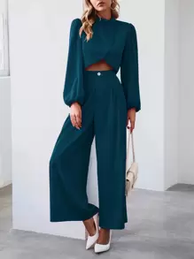 SHEIN Clasi 2pcs Women Solid Color Long Sleeve Top & Pants Set, Simple Fashion, Suitable For Summer - Teal Blue - View 3