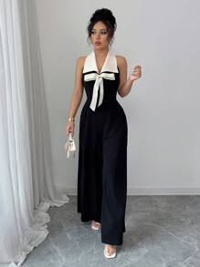 Elenzga 女士蝴蝶结无袖直筒连身裤 - 黑色 - 查看 4