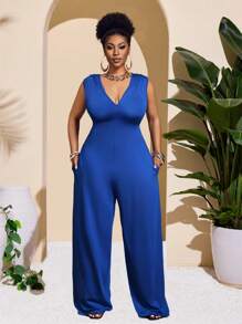 Slaydiva Moletom com Capuz de Decote em V Azul Cobalto de Plus Size com Bolsos e Calça de Perna Larga e Relaxada
