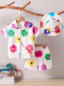 SHEIN 2 件套年轻男孩休闲花卉印花衬衫、短裤和帽子套装，简约风格，适合夏季、度假、出游、假日、旅行、放松、日光浴 - 白色 - 查看 6