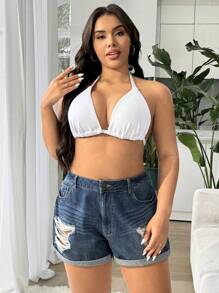 SHEIN Swim Vcay 2pcs/Set Plus Size Adjustable Swimwear Top For Holiday Beach - Black and White - View 8
