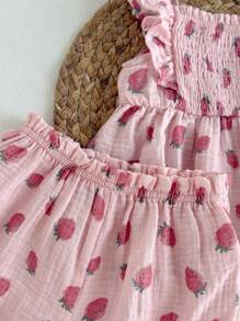 Loomiva Baby Girl Strawberry Pattern Square Neck Ruffle Trim Sleeveless Pullover Top And Bloomer Shorts 2 Pieces Set - Pink - View 4
