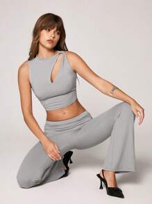 SHEIN Unity 2 Pieces Set Women Asymmetric Neck Top And Ruched Flare Pants, Casual Outfit - Grey - View 1