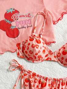 Swim Mod Costume da bagno a tre pezzi da donna con stampa a frutta, reggiseno con ferretto push-up, spalline regolabili, fiocco sul retro e laccetto sui lati, stile carino e casual