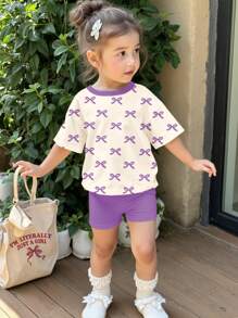 SHEIN Leap Crew 2pcs/Set Young Girl Casual Minimalist Short Sleeve Shorts Set, Suitable For Summer - White - View 4