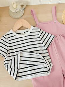 Baby Girl Striped Short Sleeve Top And Overall Jumpsuit, Spring/Summer Outfit