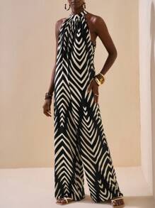 Slaydiva New Spring And Summer Casual Vacation Daily Commuting Halterneck Round Neck Sleeveless Ultra-Loose Wide-Leg Extra-Long Pants Navy Blue White Striped Women's Jumpsuit