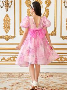 SHEIN Tween Girls Spring/Summer Elegant Floral Print Rose Organza Puff Sleeve Backless Contrast Bow Decor Dress - Pink - View 2