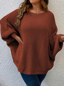SHEIN LUNE Sweater Lengan Kelelawar Kasual Warna Polos Ukuran Besar untuk Wanita, Pullover Rajut Musim Dingin Musim Gugur - Redwood - View 1
