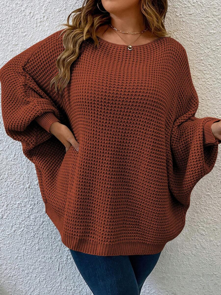 SHEIN LUNE Sweater Lengan Kelelawar Kasual Warna Polos Ukuran Besar untuk Wanita, Pullover Rajut Musim Dingin Musim Gugur - Redwood - View 1