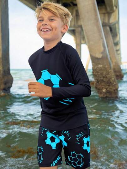 SHEIN Conjunto de 2 piezas de tankini casual y entallado con estampado de baloncesto que brilla en la oscuridad, para niños preadolescentes, adecuado para vacaciones de primavera/verano en la playa