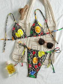 Swim SXY 女士夏季海滩豹纹随意图案细肩带比基尼套装 - 彩色 - 查看 2