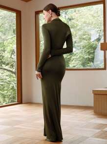 SHEIN LUNE Gaun Rajut Lengan Panjang Bodycon Berlipit Leher Tinggi Elegan untuk Wanita - Hijau - View 2