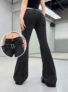 SHEIN MOD 女士性感超低腰喇叭牛仔裤，夏季女士，低腰牛仔裤，俱乐部女士性感，狂欢节，辣妹，狂欢 - 黑色 - 查看 1