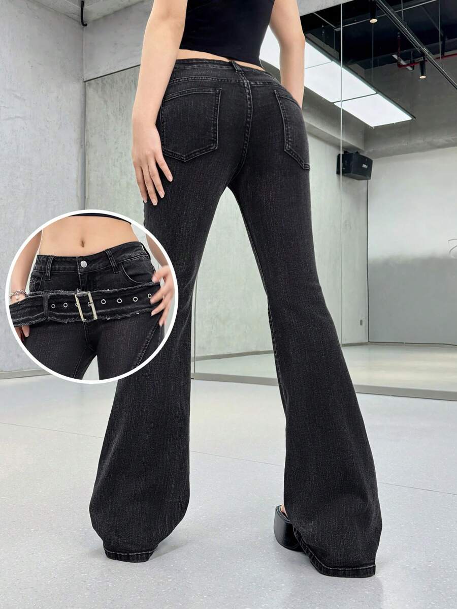 SHEIN MOD 女士性感超低腰喇叭牛仔裤,夏季女士,低腰牛仔裤,俱乐部女士性感,狂欢节,辣妹,狂欢 - 黑色 - 查看 1