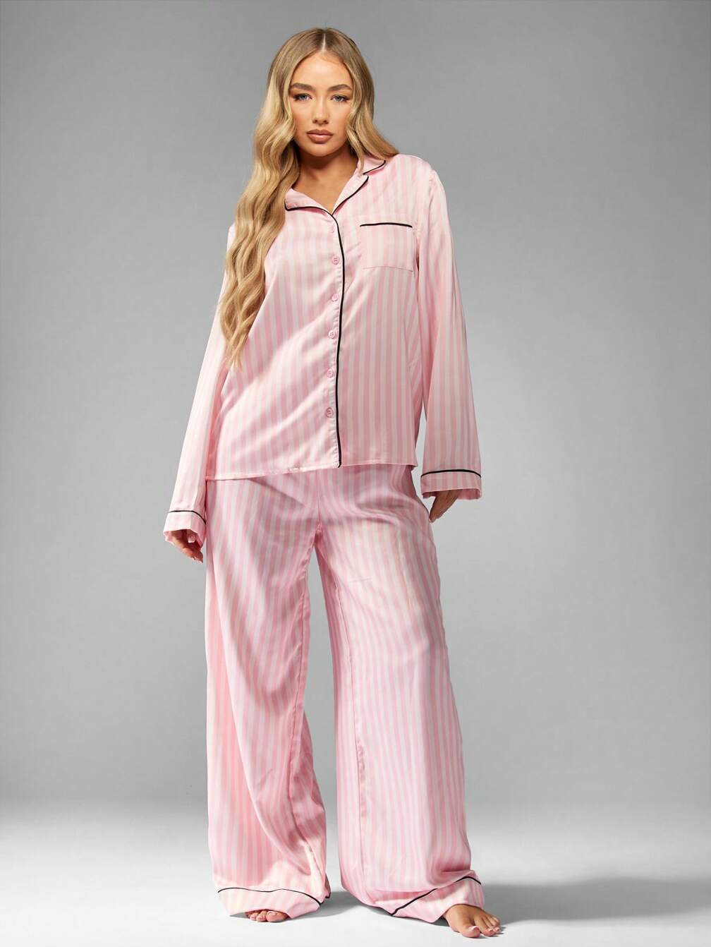 MISSGUIDED ストライプサテンパジャマセット 長袖 ワイドレッグパンツ