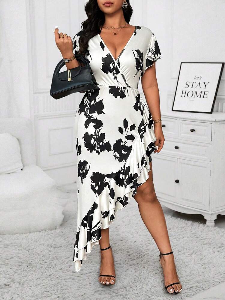 SHEIN Clasi Vestido elegante y holgado con estampado floral, volantes y bajo asimétrico para talla grande - Blanco y Negro - Añade 5