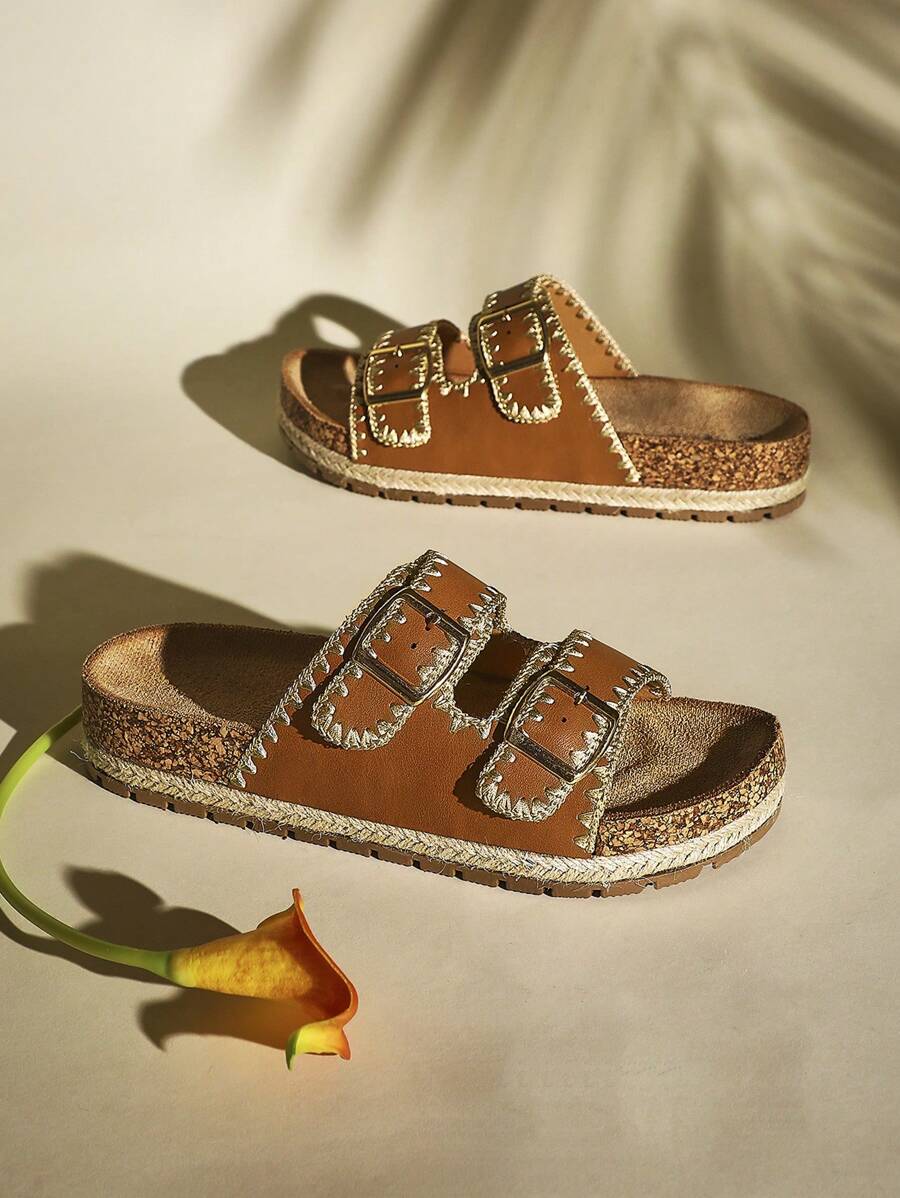 SHUZIA 女士简约厚底双扣凉鞋 - 紫紅色 - 查看 1