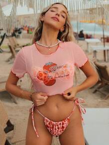 Swim Mod Costume da bagno a tre pezzi da donna con stampa a frutta, reggiseno con ferretto push-up, spalline regolabili, fiocco sul retro e laccetto sui lati, stile carino e casual