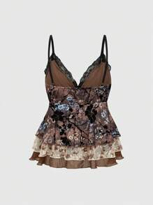 ROMWE J-Fashion Millennium Hippie 复古植绒花卉图案褶皱不对称下摆分层女式背心 - 彩色 - 查看 3