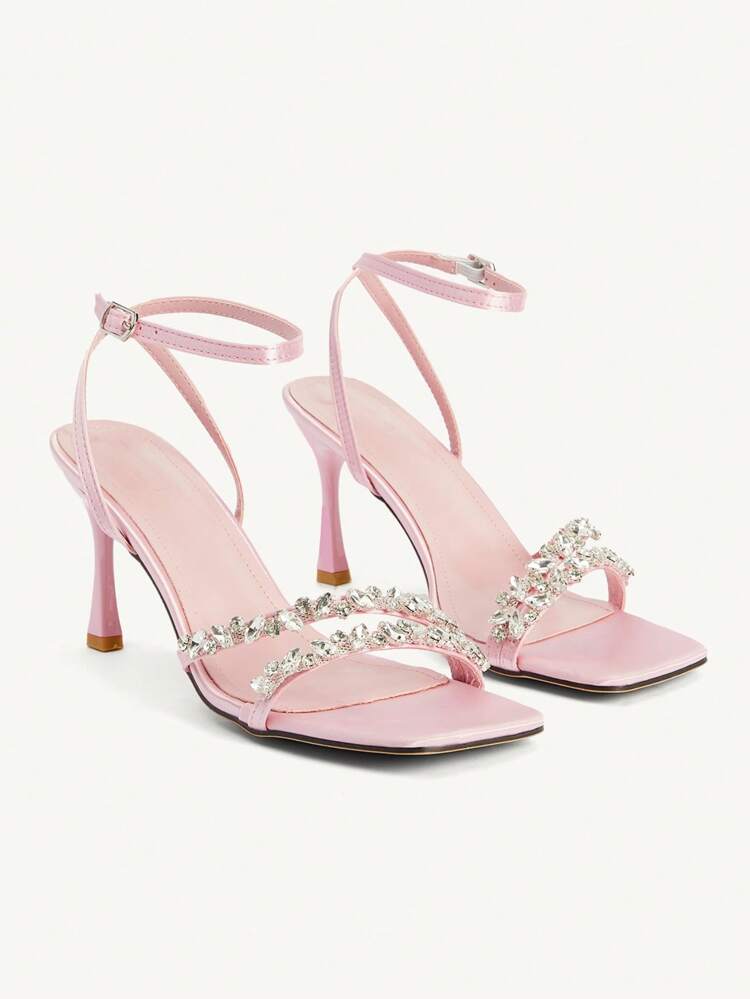 CUCCOO CHICEST Women's Pink Rhinestone Square Minimalist Strap Square Toe Stiletto Mid Heel Pumps, Elegant Casual Comfortable Slip-On Work Commute Dress Sandals For Dates, Parties, Afternoon Tea For Christmas Elegant Shoes Wedding Shoes Summer Shoes Bride Shoes