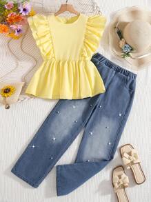 SHEIN Tween Girls' Cap Sleeve Ruffle Hem Crop Top & Pearl Embellished Pants Set - Yellow - View 1