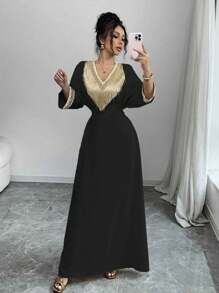 Rafferiza Women's Fashion Elegant Floral Print Fringe V-Neck Waisted Long Dress, Suitable For Ramadan - Black - View 7