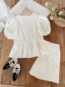 SHEIN 2pcs/Set Tween Girls Woven Textured Round Neck Bow Decor Casual Short Sleeve Cropped Top And Bow Shorts Set, Back To School, Casual Vacation, Daily Wear