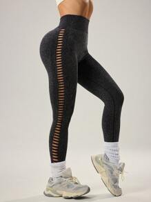 Easithlete 女士亮黑色镂空紧身裤 - 黑色 - 查看 4
