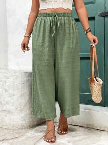 SHEIN Frenchy Plus Size Women's Solid Color Tie-Waist Wide Leg Loose Pants