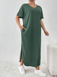 SHEIN Essnce Plus Size Women's Spring And Summer New Fashion Commuter Casual Pocket Design Slit Long Robe Dress - Dark Green - View 5