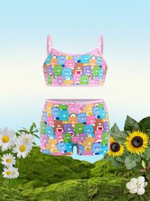 SHEIN X Care Bears Jeune fille Ensemble de lingerie Top camisole et culotte imprimé mignon et douillet d'ours de bande dessinée pour le printemps