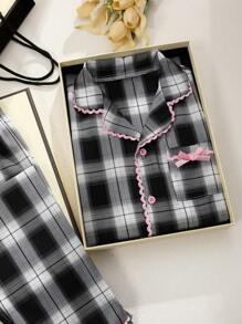 Tween 女童经典格子短袖上衣和裤子 2 件套休闲舒适家居服套装夏季度假睡衣黑白拼色睡衣女童套装睡衣套装 - 黑與白 - 查看 7