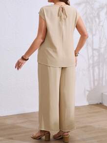 SHEIN LUNE Conjunto de 2 piezas de pantalones de pierna ancha con efecto texturizado y nudo delantero para mujer de talla grande, ropa casual para primavera/verano