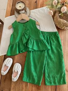 Baby Girls Green Vest And Pants 2 Pieces Outfit, Cute Summer Vacation Set