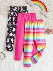 3pcs Girls Unicorn & Rainbow Digital Print Leggings, Fashionable & Lovely For Toddlers Everyday Wear - Multicolor - View 1