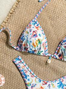 Swim Mod 2pcs Beach Summer Outfit For Women, Random Print & Ribbed Texture Fabric Tank Top And High Cut Bohemian Bikini Bottoms - Multicolor - View 3