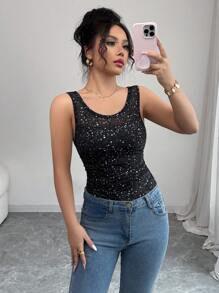 Elenzga Women's Shiny Print Round Neck Fitted Pleated Tank Top - Black - View 5